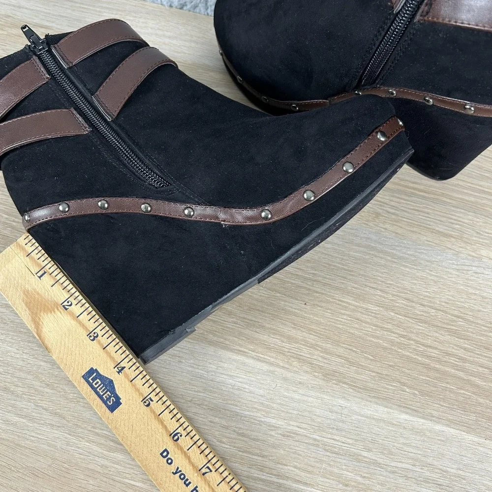 Red Circle Wedge Ankle‎ Booties Womens 8.5 Black Brown Strap Studded Side Zip